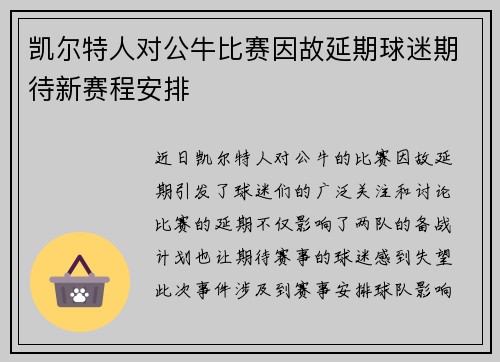 凯尔特人对公牛比赛因故延期球迷期待新赛程安排